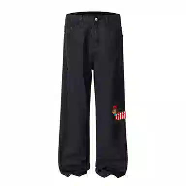 顶峰保罗 美式腊肠小狗刺绣直筒阔腿长裤百搭宽松重磅情侣潮牌凉感透气设计感显瘦显高休闲裤 男女同款