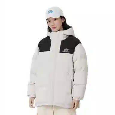 鸭鸭 加厚保暖插色拼接撞色休闲连帽鸭绒套头无性别面包服暗黑羽绒服外套 男女同款