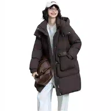 鸭鸭 时尚纯色口袋连帽中长款羽绒服 女款