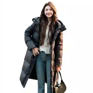 鸭鸭 连帽过膝保暖长款羽绒服 男女同款