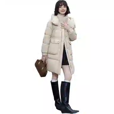 鸭鸭 时尚纯色口袋连帽中长款羽绒服 女款