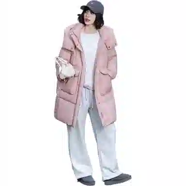 鸭鸭 时尚纯色口袋连帽中长款羽绒服 女款