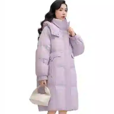 鸭鸭 纯色连帽口袋中长款休闲长袖羽绒服 女款