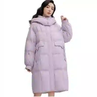 鸭鸭 纯色连帽口袋中长款休闲长袖羽绒服 女款