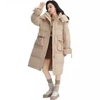 鸭鸭 纯色口袋连帽中长款长袖羽绒服 女款