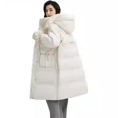 鸭鸭 纯色口袋连帽中长款长袖羽绒服 女款