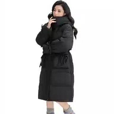 鸭鸭 纯色口袋连帽中长款长袖羽绒服 女款