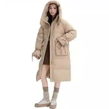 鸭鸭 纯色口袋连帽中长款长袖羽绒服 女款