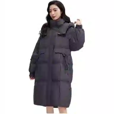 鸭鸭 纯色连帽口袋中长款休闲长袖羽绒服 女款