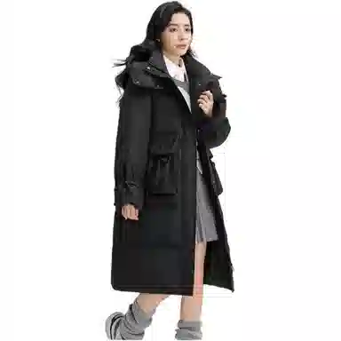鸭鸭 纯色口袋连帽中长款长袖羽绒服 女款