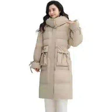 鸭鸭 纯色口袋连帽中长款长袖羽绒服 女款