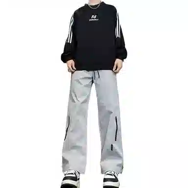 八哥 美式高街侧拉链褶皱款防水户外机能冲锋纯色基础款冰丝凉感宽松直筒垂直微喇休闲裤 男女同款