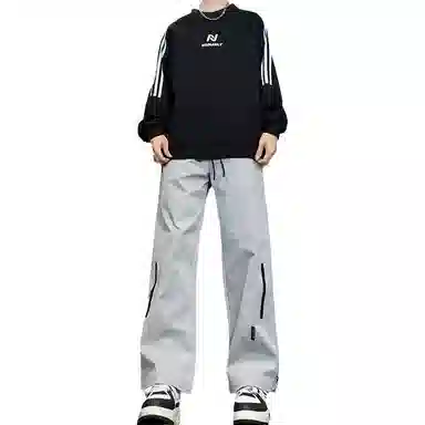 八哥 美式高街侧拉链褶皱款防水户外机能冲锋纯色基础款冰丝凉感宽松直筒垂直微喇休闲裤 男女同款