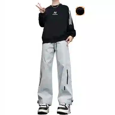 八哥 美式高街侧拉链褶皱款防水户外机能冲锋纯色基础款冰丝凉感宽松直筒垂直微喇休闲裤 男女同款