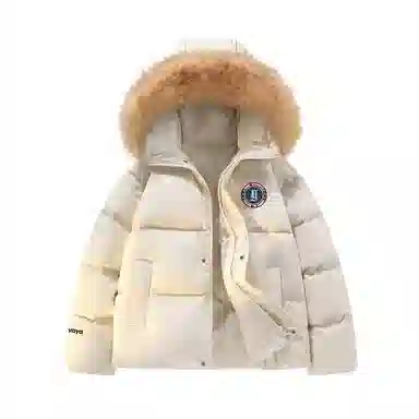 鸭鸭 美式复古风潮流可拆卸毛领加厚棉服短款版型耐磨面料保暖舒适时尚拉链学院风连帽外套显瘦潮流无性别宽松百搭长袖羽绒服 男女同款