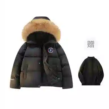 鸭鸭 美式复古风潮流可拆卸毛领加厚棉服短款版型耐磨面料保暖舒适时尚拉链学院风连帽外套显瘦潮流无性别宽松百搭长袖羽绒服 男女同款
