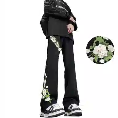 【万针刺绣3D立体浮雕】布客行 重工美式复古水洗直筒基础款花卉透气高街舒适亲肤休闲百搭微喇纯色显腿长显高显瘦长裤牛仔裤 男女同款