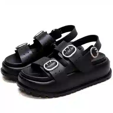 杰骤 头层牛皮 松糕厚底 沙滩凉鞋 女款 黑色