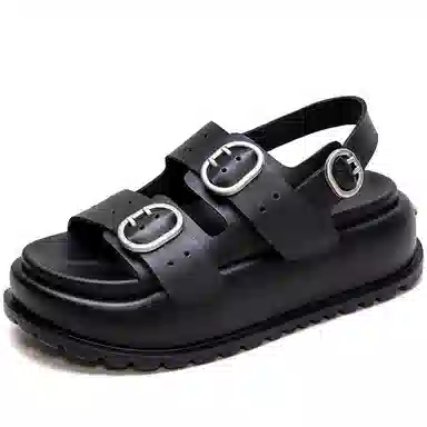 杰骤 头层牛皮 松糕厚底 沙滩凉鞋 女款 黑色