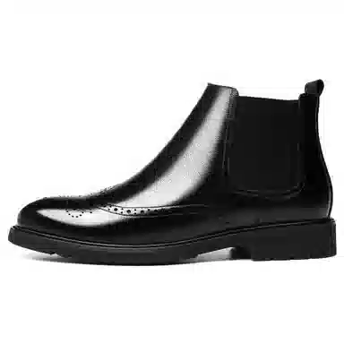 正泰 牛皮革 加绒保暖抗寒商务布洛克职场百搭 及踝 切尔西靴 男款 黑色