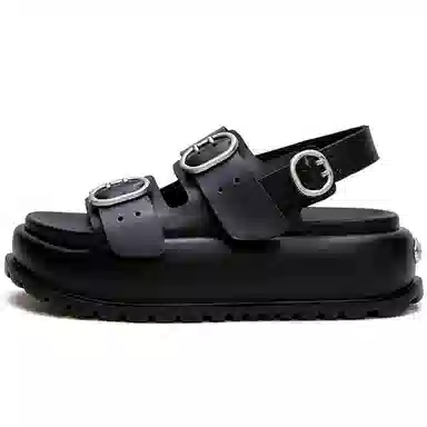 杰骤 头层牛皮 松糕厚底 沙滩凉鞋 女款 黑色