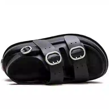 杰骤 头层牛皮 松糕厚底 沙滩凉鞋 女款 黑色