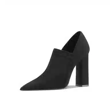绒面 百搭时装通勤尖头深口粗跟弹力 短靴 女款 经典黑色