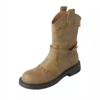 超纤皮 复古铆钉西部短靴骑士靴 短款 女