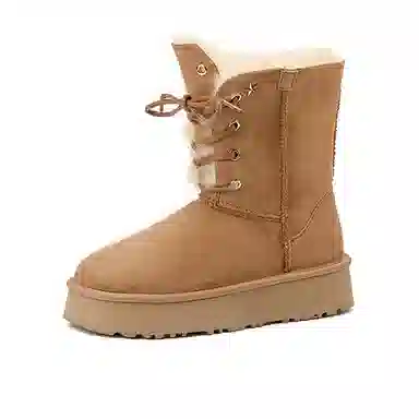 皮毛一体百搭通勤潮流时尚保暖 短中筒 雪地靴 女 栗色