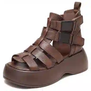 杰骤 头层牛皮 厚底复古 时尚潮流 简约百搭 罗马凉鞋 女