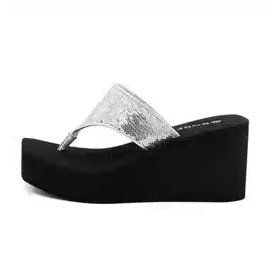 宝人 个性厚底坡跟人字拖鞋 女款 黑色