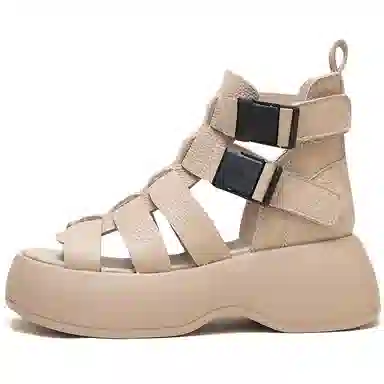 杰骤 头层牛皮 厚底复古 时尚潮流 简约百搭 罗马凉鞋 女