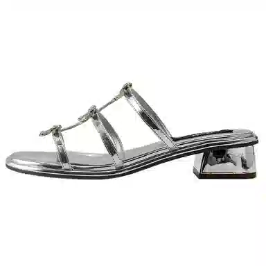 妙侣 蝴蝶结法式百搭 橡胶底 水钻 防滑防臭速干一字拖鞋 女 银色