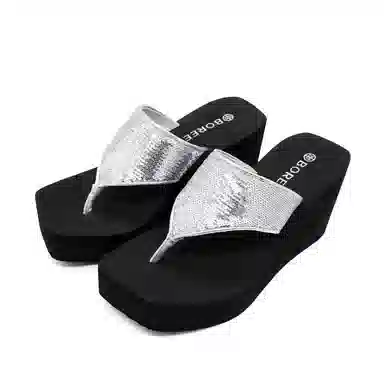 宝人 个性厚底坡跟人字拖鞋 女款 黑色