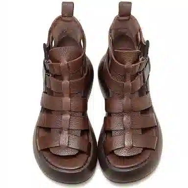 杰骤 头层牛皮 厚底复古 时尚潮流 简约百搭 罗马凉鞋 女