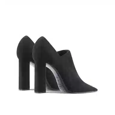 绒面 百搭时装通勤尖头深口粗跟弹力 短靴 女款 经典黑色