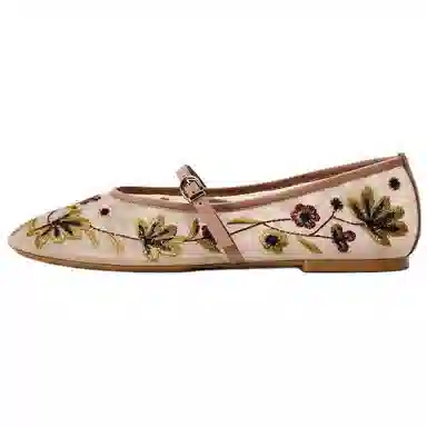 ZARA Floral Embroidered Mary Jane Flat Rose Red