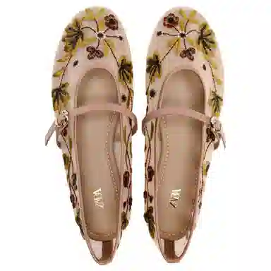 ZARA Floral Embroidered Mary Jane Flat Rose Red