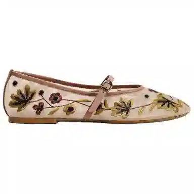 ZARA Floral Embroidered Mary Jane Flat Rose Red