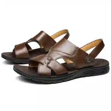 法派 头层牛皮 大码 纯色 简约 透气 轻便 舒适 沙滩凉鞋 男款