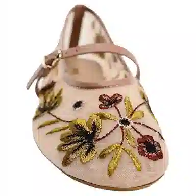 ZARA Floral Embroidered Mary Jane Flat Rose Red