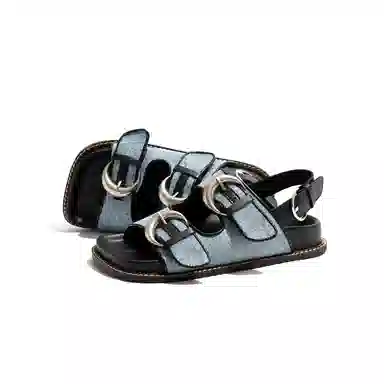 老喵 平底方头 百搭时尚 沙滩凉鞋 女款 牛仔蓝