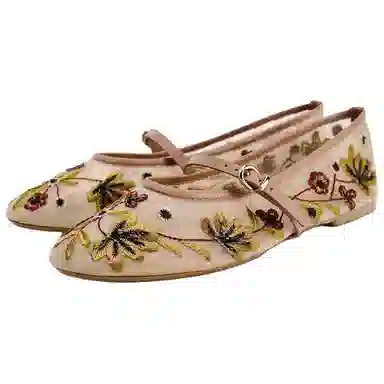 ZARA Floral Embroidered Mary Jane Flat Rose Red