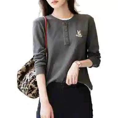 【dme】 胸前卡通动漫图案假两件长袖针织衫 女款 深灰