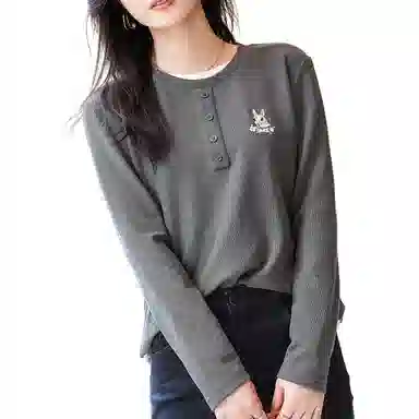 【dme】 胸前卡通动漫图案假两件长袖针织衫 女款 深灰