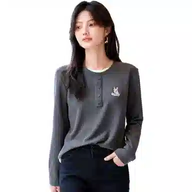 【dme】 胸前卡通动漫图案假两件长袖针织衫 女款 深灰