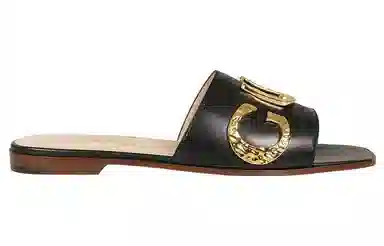 Gucci Leather Logo Slide Sandals Black Gold