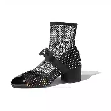 CHANEL Fishnet Sleeve Block Heel Ankle Boots Black