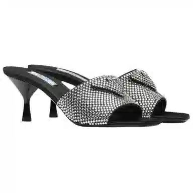 Prada Crystal Satin Wedge Sandals Black