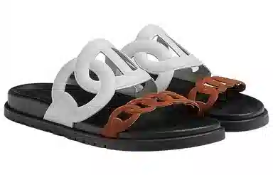 Hermes Extra Leather Slip-On Flat Sandals White Brown